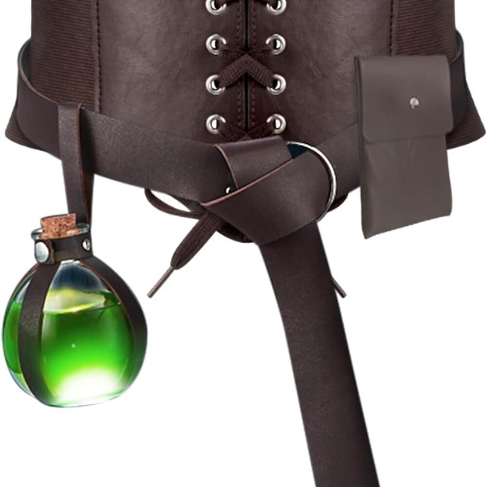 Women Renaissance Accessories Medieval Leather Belt Pouch Cork Potion Bottle Wit